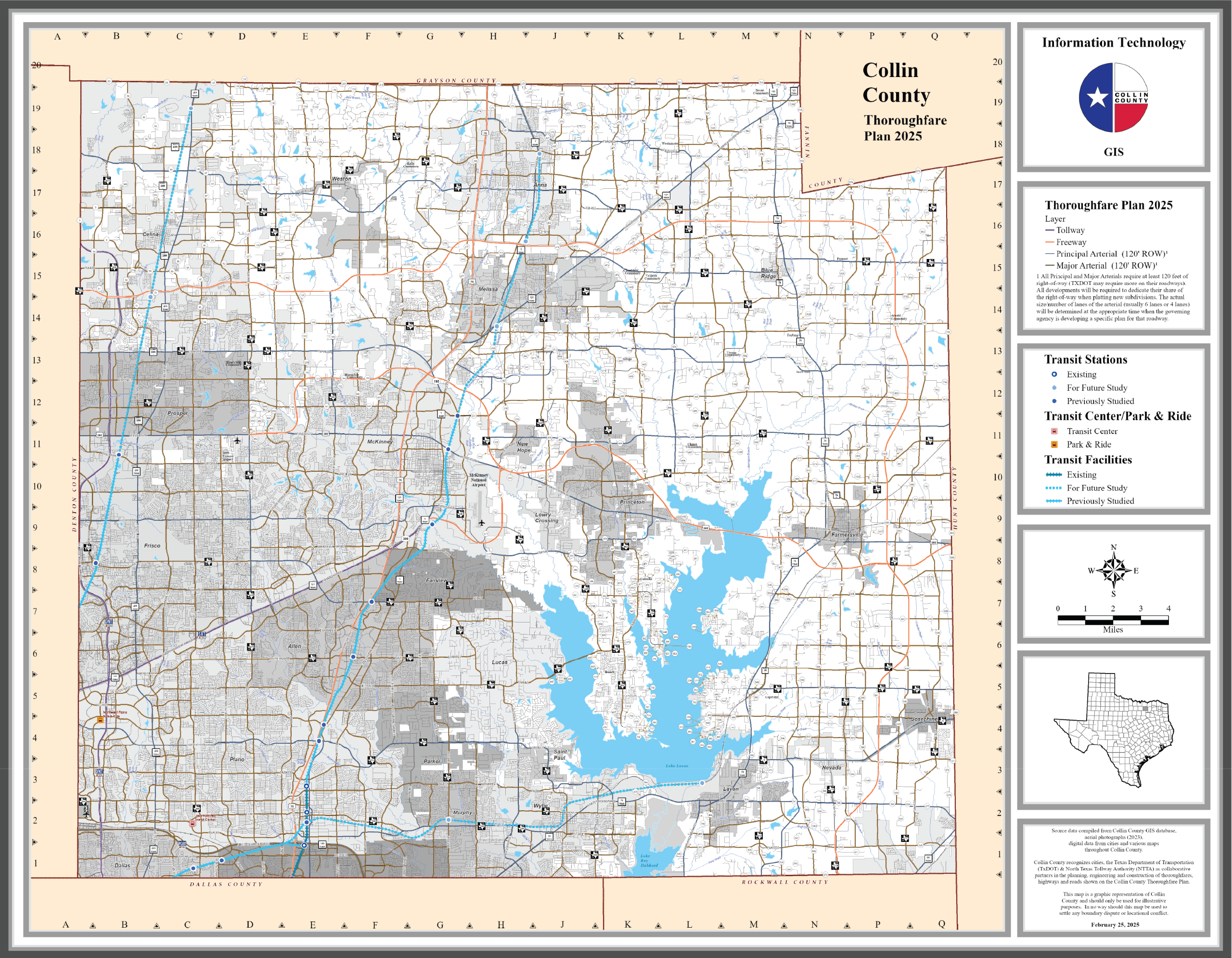 2025 Proposed Update to Thoroughfare Plan: Map of Collin County with select roads colored in orange and blue lines of varying thickness.