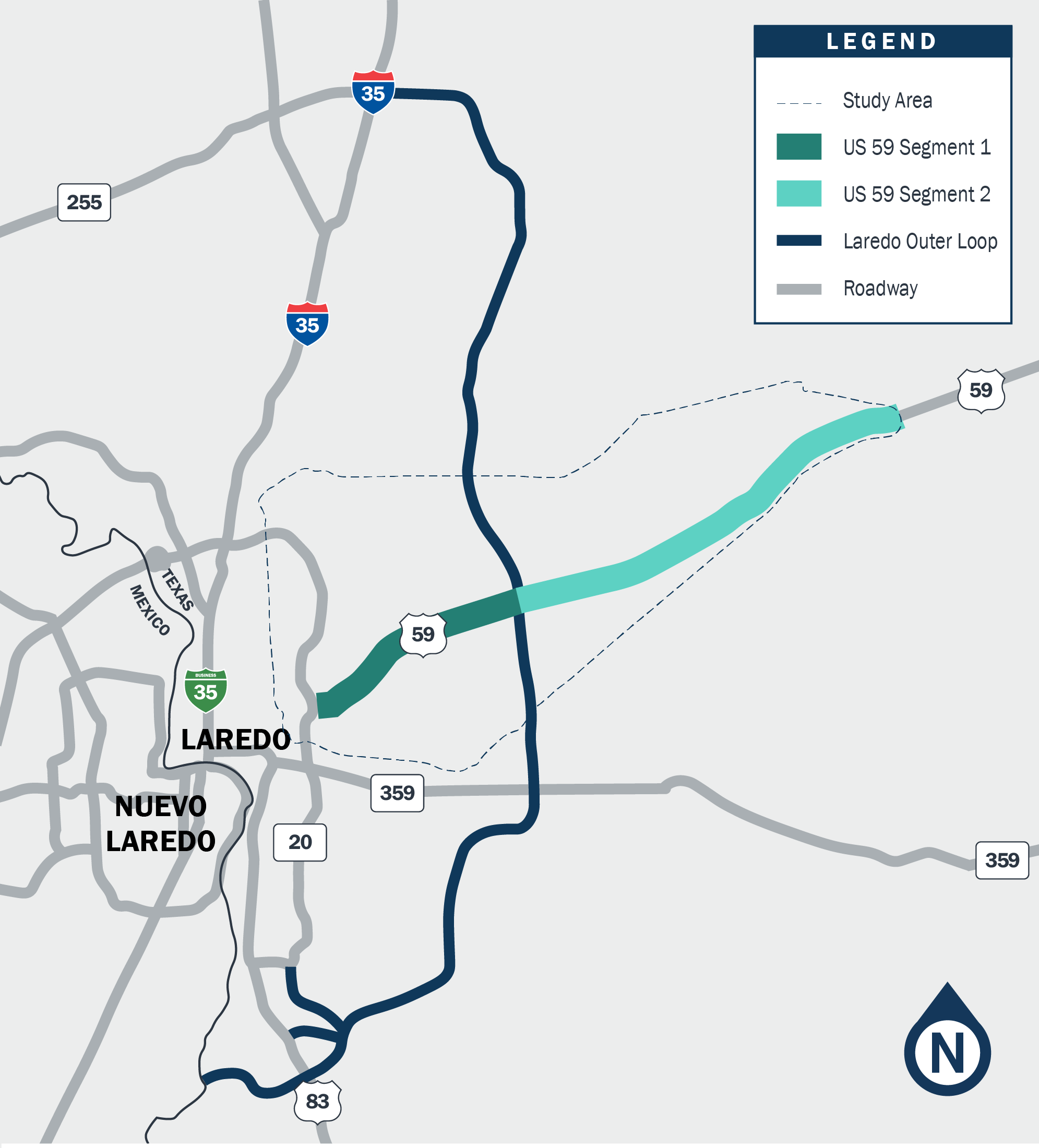 Map of the Laredo area showing the US 59 study corridor divided into two segments and the proposed Laredo Outer Loop. Major highways and the study area boundary are labeled.