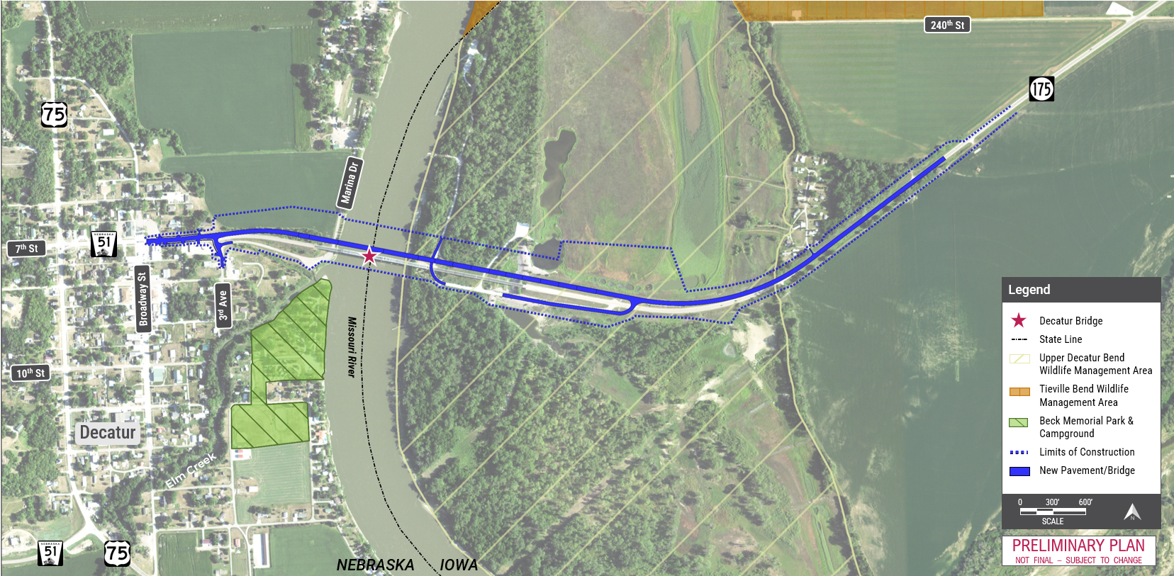 The preferred alternative for the Decatur Bridge Project. The new pavement/bridge is shown by a solid line. The limits of construction are shown by a dotted line. The location of the current Decatur Bridge is shown by a star icon. The Upper Decatur Bend W