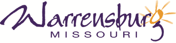 Warrensburg, Missouri logo with the words "Warrensburg Missouri" written in purple. A gold sun is the outline of the top of the lowercase g. 